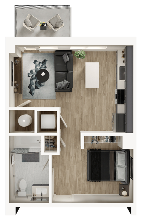 Floor plan for studio, 1 bath, 518 sqft
